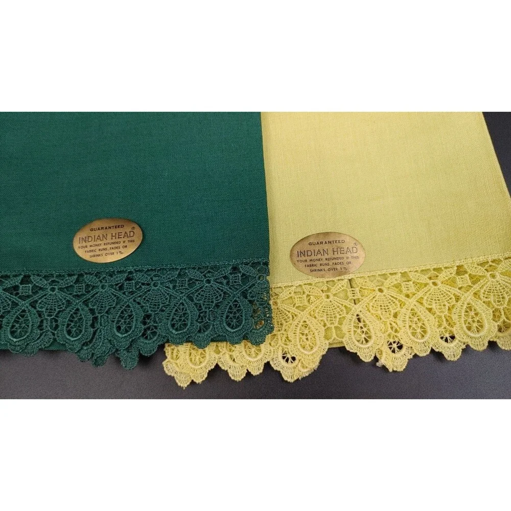 VTG New Mixed Pair 2 Indian Head Linen Napkins Green Yellow Lace Edge